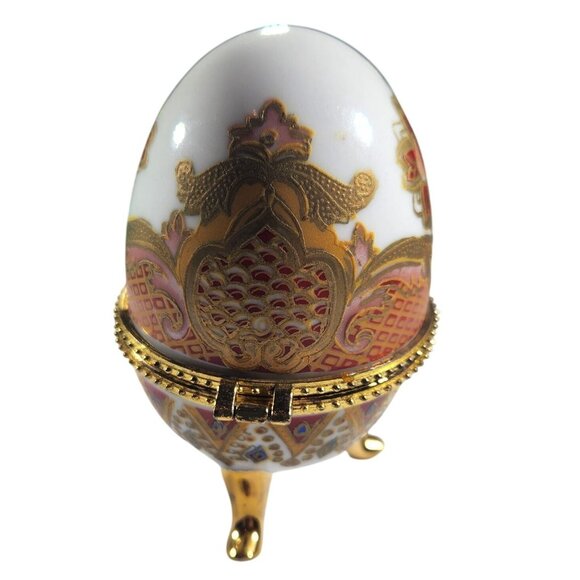 Porcelain Egg Trinket Box Gold Accents Ornate Pattern On 3 Legs easter - Picture 3 of 5